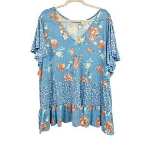 Cato Blue Floral Ruffle Sleeve Tiered Top V-Neck Cottagecore Boho - Size 26/28W